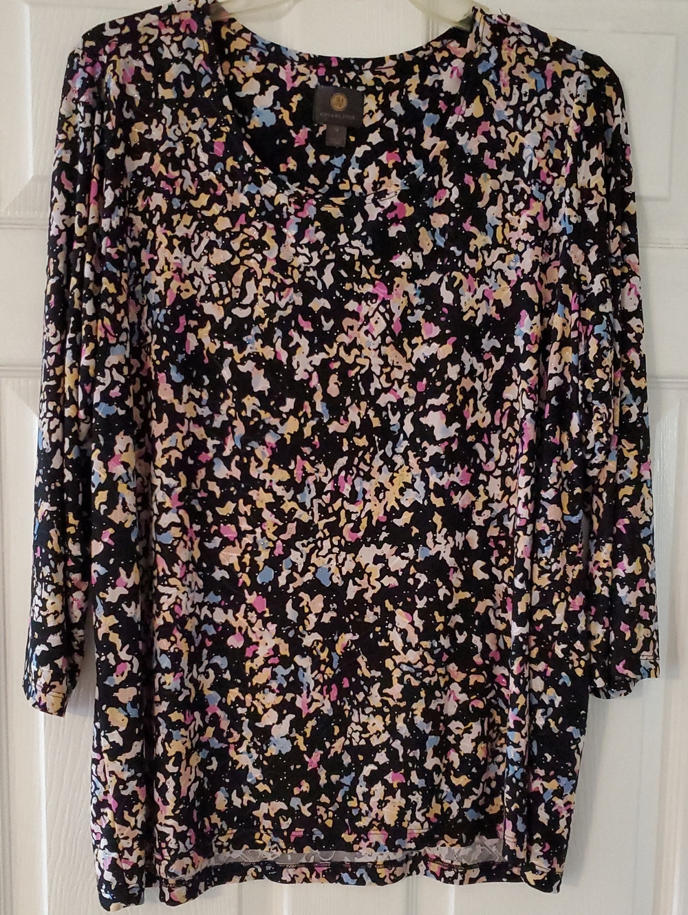 JM Collection Black Long-Sleeve Top with Multicolor Confetti Print